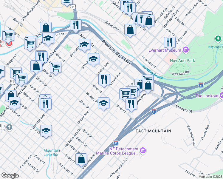 map of restaurants, bars, coffee shops, grocery stores, and more near 308-312 Crown Avenue in Scranton