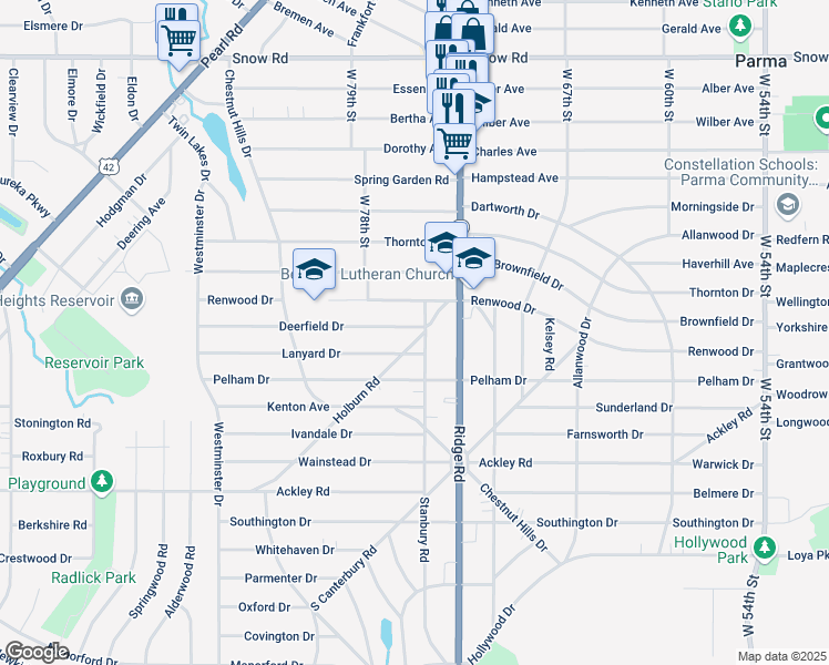 map of restaurants, bars, coffee shops, grocery stores, and more near 7515 Deerfield Drive in Parma