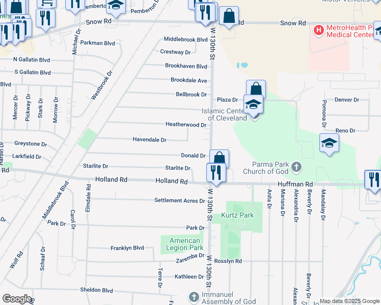 map of restaurants, bars, coffee shops, grocery stores, and more near 13452 Donald Drive in Brook Park