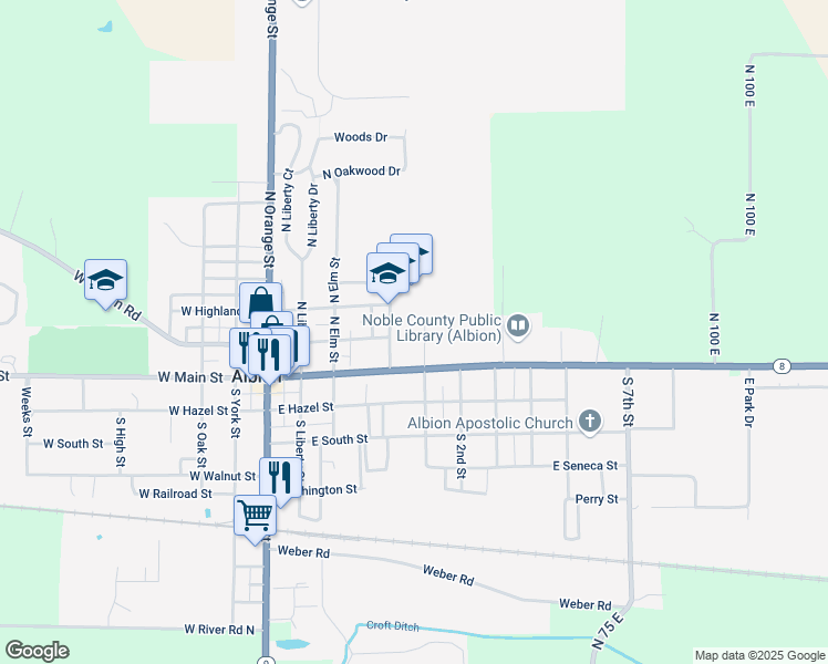 map of restaurants, bars, coffee shops, grocery stores, and more near 202 Cougar Court in Albion