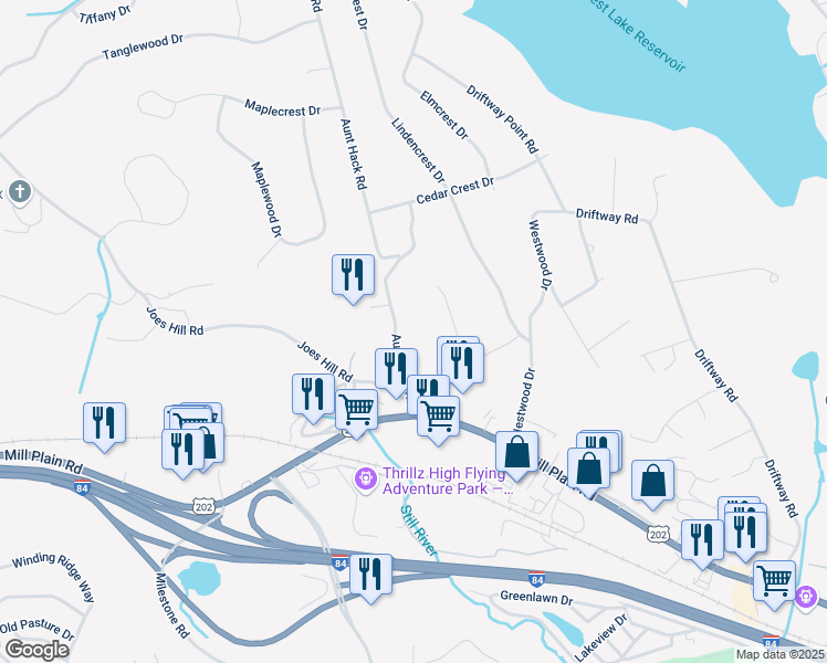 map of restaurants, bars, coffee shops, grocery stores, and more near 13 Aunt Hack Rd in Danbury
