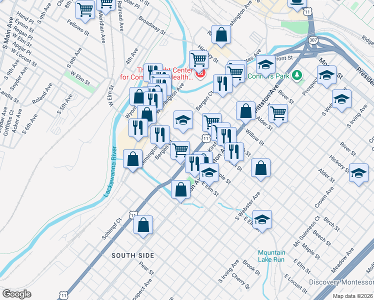 map of restaurants, bars, coffee shops, grocery stores, and more near 371-399 Maple Street in Scranton