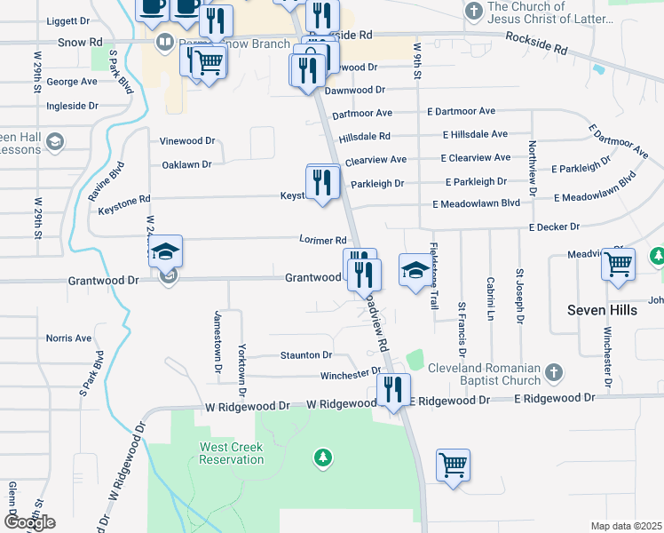 map of restaurants, bars, coffee shops, grocery stores, and more near 1522 Grantwood Drive in Parma