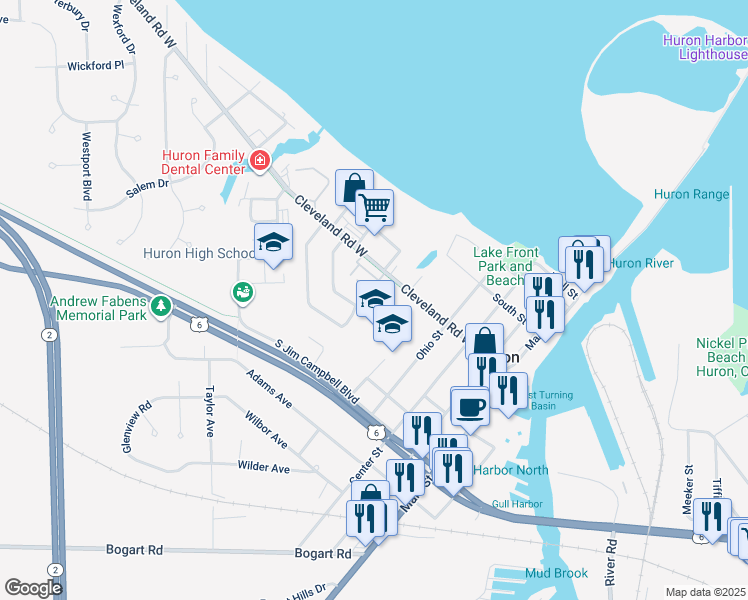 map of restaurants, bars, coffee shops, grocery stores, and more near 504 Cleveland Road West in Huron