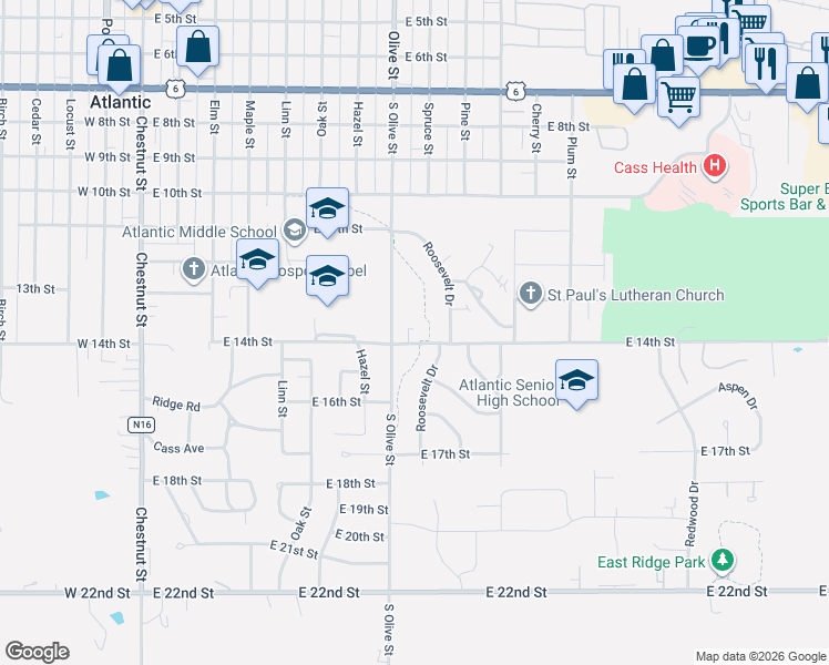 map of restaurants, bars, coffee shops, grocery stores, and more near 704 East 14th Street in Atlantic