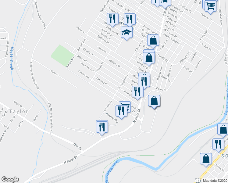 map of restaurants, bars, coffee shops, grocery stores, and more near 1208 Loomis Avenue in Scranton