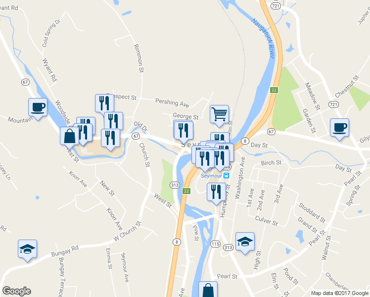map of restaurants, bars, coffee shops, grocery stores, and more near 79 Bank Street in Seymour