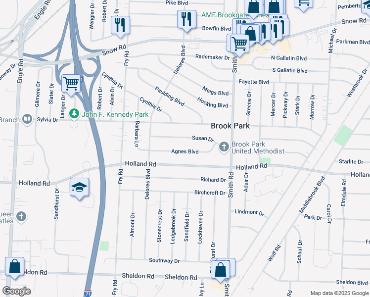 map of restaurants, bars, coffee shops, grocery stores, and more near 15720 Agnes Boulevard in Brook Park