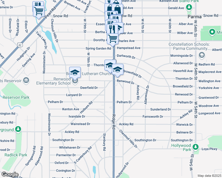 map of restaurants, bars, coffee shops, grocery stores, and more near 6106 Ridge Road in Parma