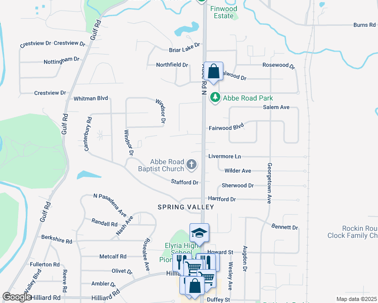 map of restaurants, bars, coffee shops, grocery stores, and more near 690 Abbe Road North in Elyria