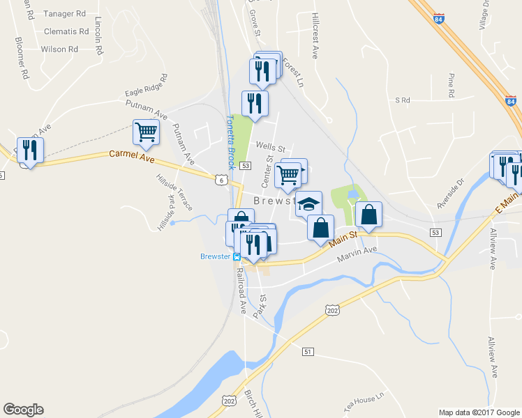 map of restaurants, bars, coffee shops, grocery stores, and more near 17 Prospect Street in Brewster