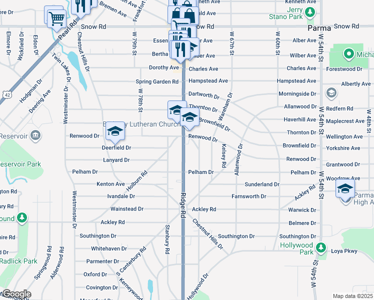 map of restaurants, bars, coffee shops, grocery stores, and more near 6109 Ridge Road in Parma