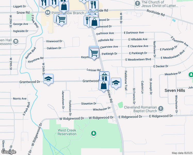 map of restaurants, bars, coffee shops, grocery stores, and more near 1522 Grantwood Drive in Parma