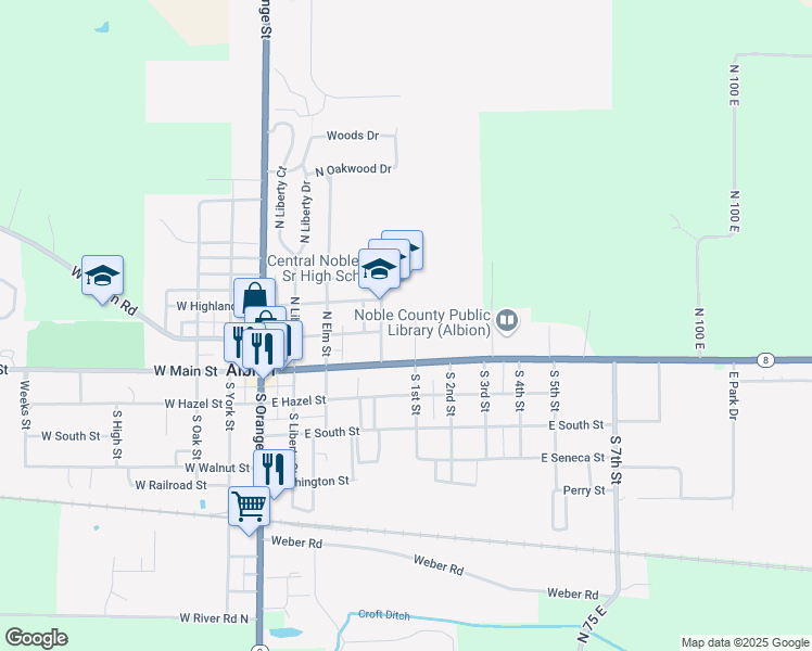 map of restaurants, bars, coffee shops, grocery stores, and more near 202 Cougar Court in Albion
