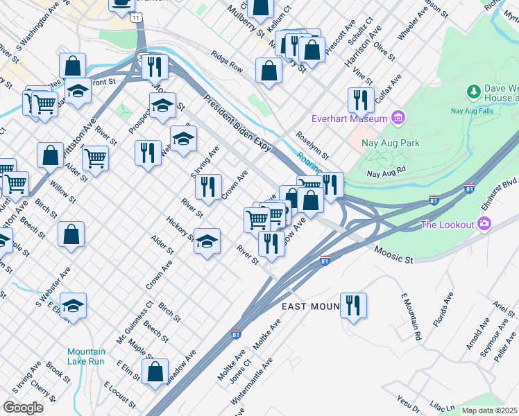map of restaurants, bars, coffee shops, grocery stores, and more near 200 Stafford Avenue in Scranton