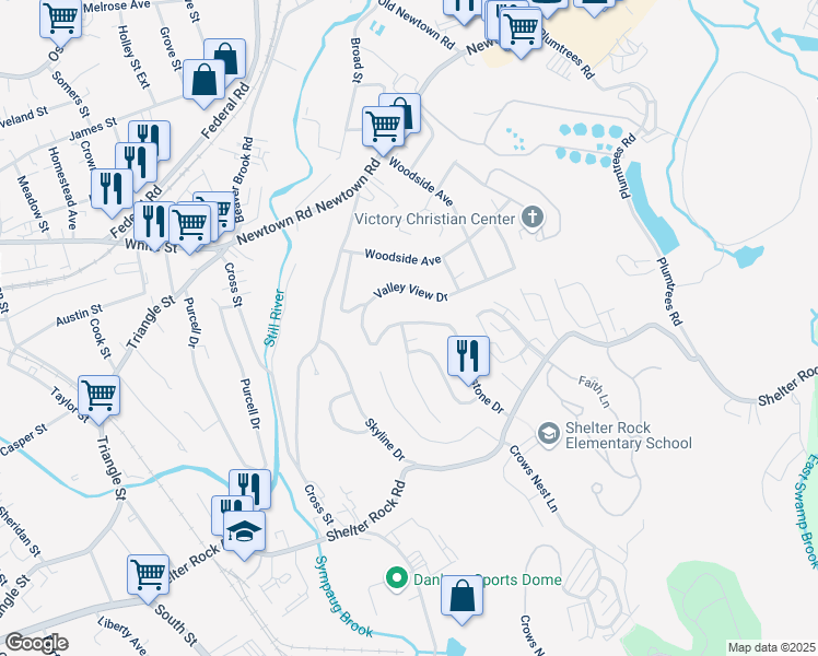 map of restaurants, bars, coffee shops, grocery stores, and more near 2 Westview Drive in Danbury
