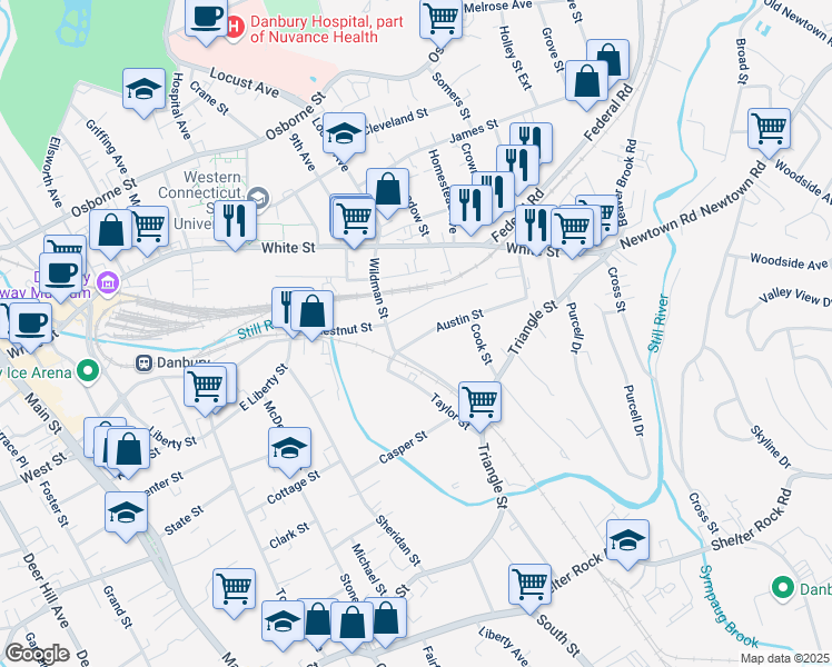 map of restaurants, bars, coffee shops, grocery stores, and more near 9 Austin Street in Danbury