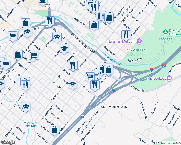 map of restaurants, bars, coffee shops, grocery stores, and more near 200 Stafford Avenue in Scranton