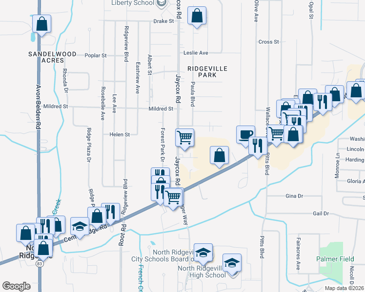 map of restaurants, bars, coffee shops, grocery stores, and more near 34999 Northview Cir in North Ridgeville