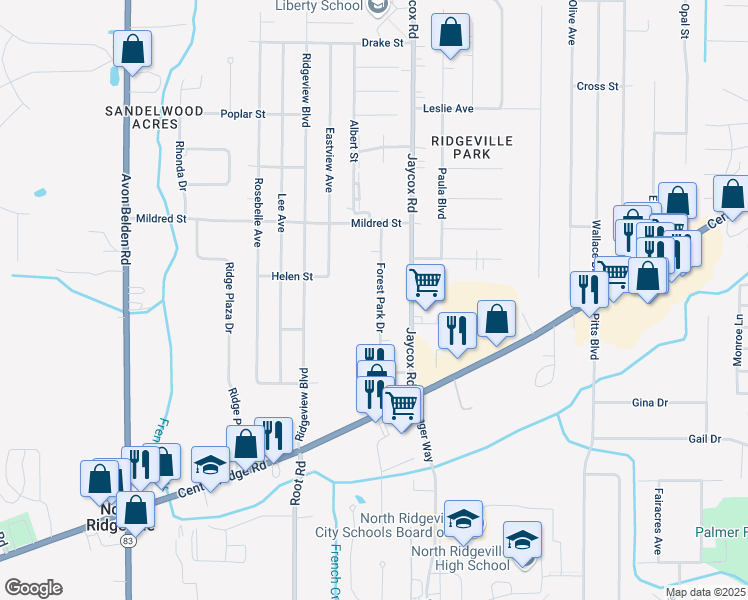 map of restaurants, bars, coffee shops, grocery stores, and more near 6358 Forest Park Drive in North Ridgeville