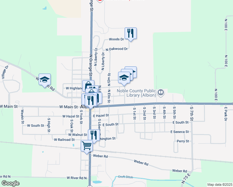 map of restaurants, bars, coffee shops, grocery stores, and more near 313 East Jefferson Street in Albion