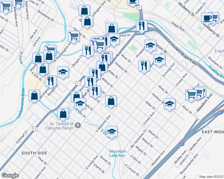 map of restaurants, bars, coffee shops, grocery stores, and more near 705 Prospect Ave in Scranton