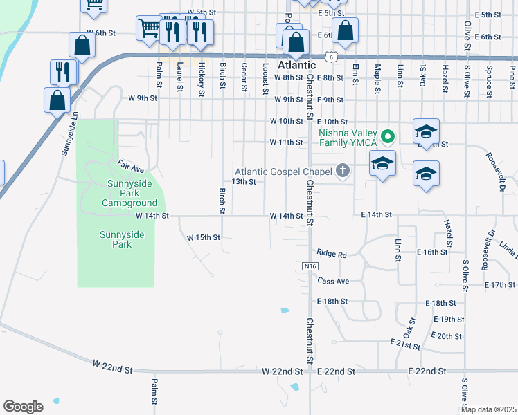 map of restaurants, bars, coffee shops, grocery stores, and more near 1319 Locust Street in Atlantic