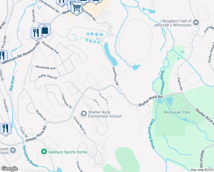 map of restaurants, bars, coffee shops, grocery stores, and more near 151 Shelter Rock Road in Danbury