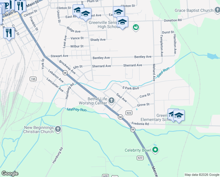 map of restaurants, bars, coffee shops, grocery stores, and more near 7 South Park Boulevard in Greenville