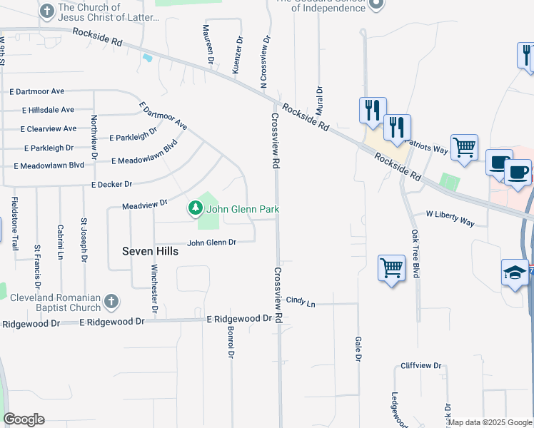 map of restaurants, bars, coffee shops, grocery stores, and more near 6134 Crossview Road in Seven Hills