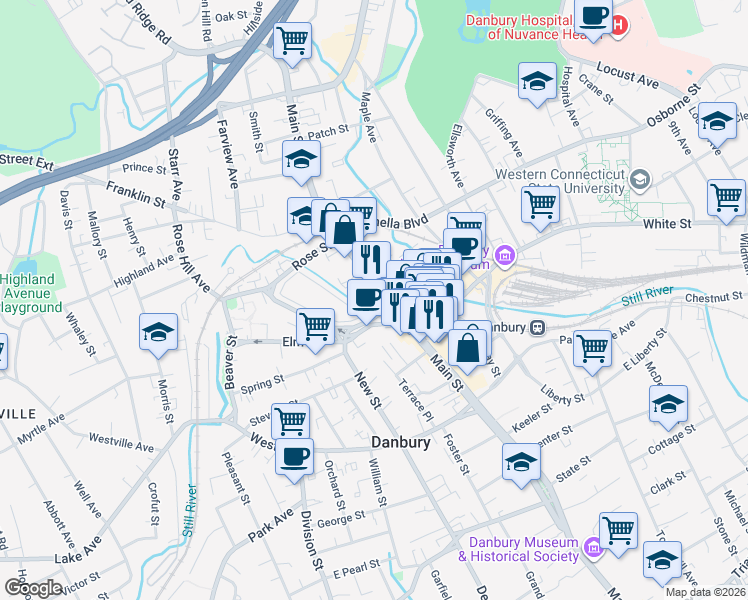 map of restaurants, bars, coffee shops, grocery stores, and more near 336 Main Street in Danbury