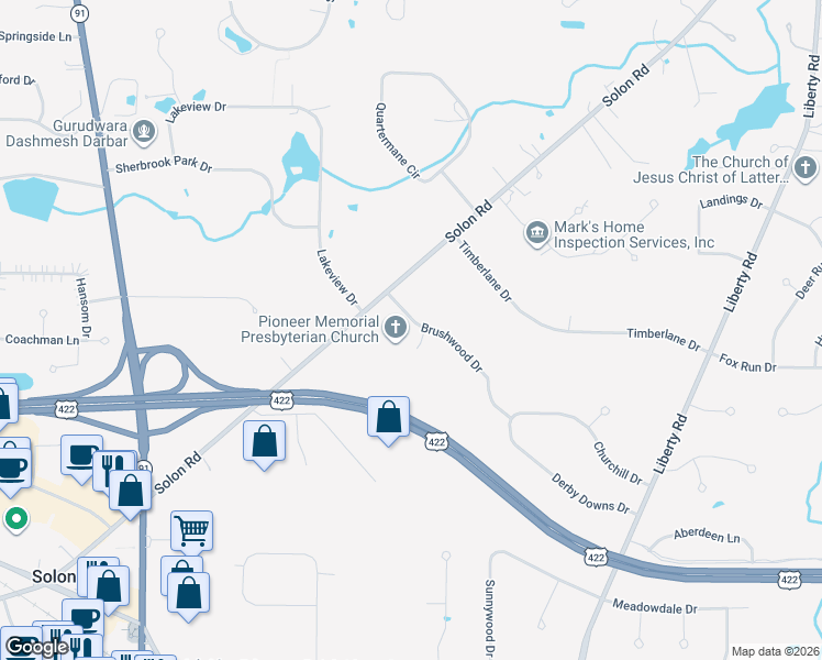 map of restaurants, bars, coffee shops, grocery stores, and more near 35640 Brushwood Dr in Solon