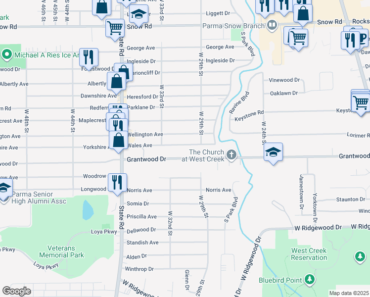map of restaurants, bars, coffee shops, grocery stores, and more near 3009 Wales Ave in Parma
