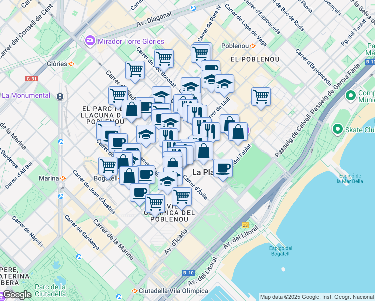 map of restaurants, bars, coffee shops, grocery stores, and more near 58 Carrer de Badajoz in Barcelona