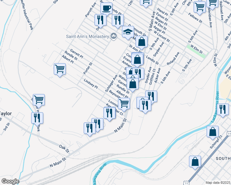 map of restaurants, bars, coffee shops, grocery stores, and more near 1148 Reynolds Avenue in Scranton