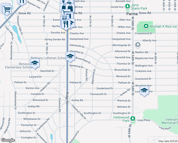 map of restaurants, bars, coffee shops, grocery stores, and more near 6619 Renwood Drive in Parma