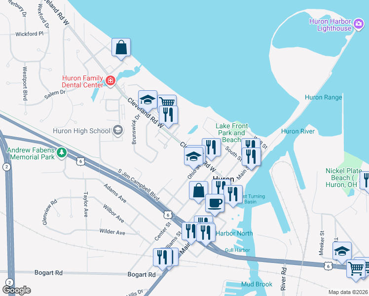 map of restaurants, bars, coffee shops, grocery stores, and more near 423 Cleveland Road West in Huron