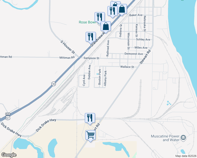 map of restaurants, bars, coffee shops, grocery stores, and more near 81-89 Denver Park in Muscatine