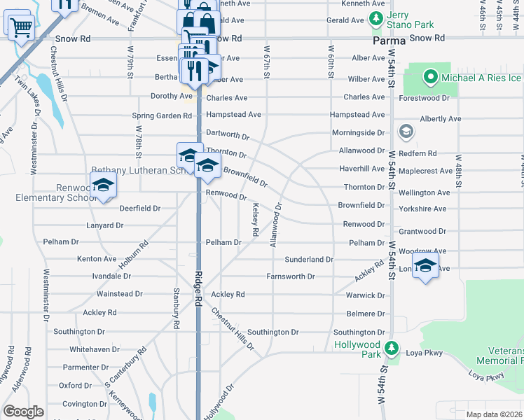 map of restaurants, bars, coffee shops, grocery stores, and more near 6619 Renwood Drive in Parma