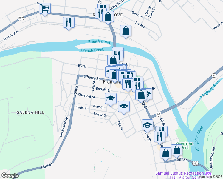 map of restaurants, bars, coffee shops, grocery stores, and more near 431 13th Street in Franklin