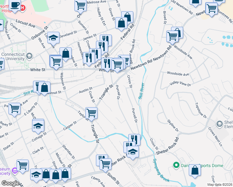 map of restaurants, bars, coffee shops, grocery stores, and more near 14 Purcell Drive in Danbury