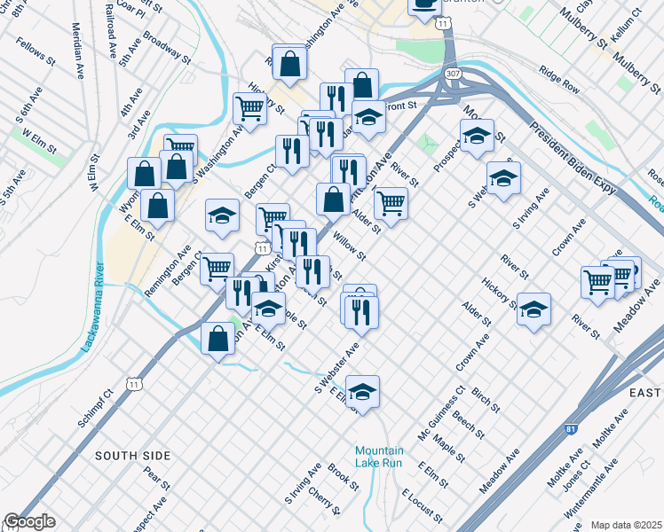 map of restaurants, bars, coffee shops, grocery stores, and more near 533 Birch Street in Scranton