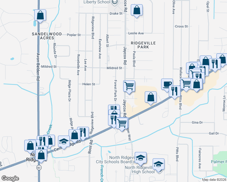 map of restaurants, bars, coffee shops, grocery stores, and more near 6354 Forest Park Drive in North Ridgeville