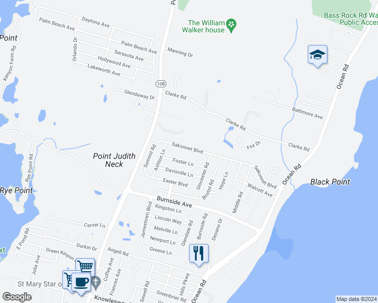 map of restaurants, bars, coffee shops, grocery stores, and more near 120 Sakonnet Boulevard in Narragansett