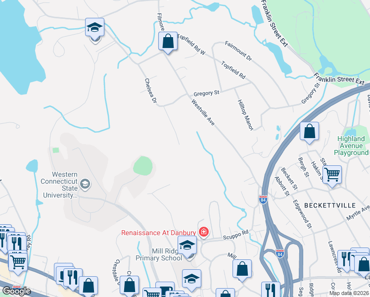 map of restaurants, bars, coffee shops, grocery stores, and more near 12 Logans Way in Danbury