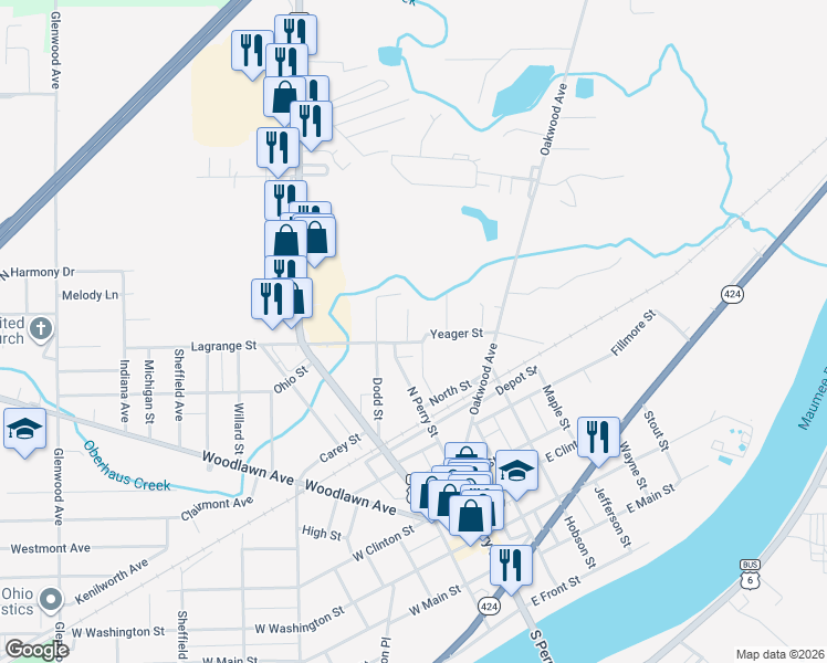 map of restaurants, bars, coffee shops, grocery stores, and more near 1210 Detroit Avenue in Napoleon
