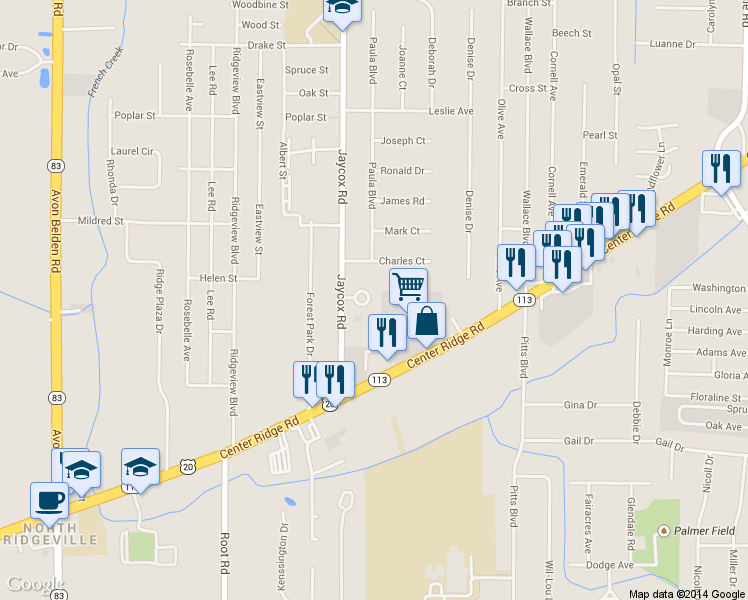 map of restaurants, bars, coffee shops, grocery stores, and more near 34935 Northview Cir in North Ridgeville