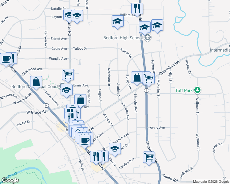 map of restaurants, bars, coffee shops, grocery stores, and more near 20 Avalon Dr in Bedford