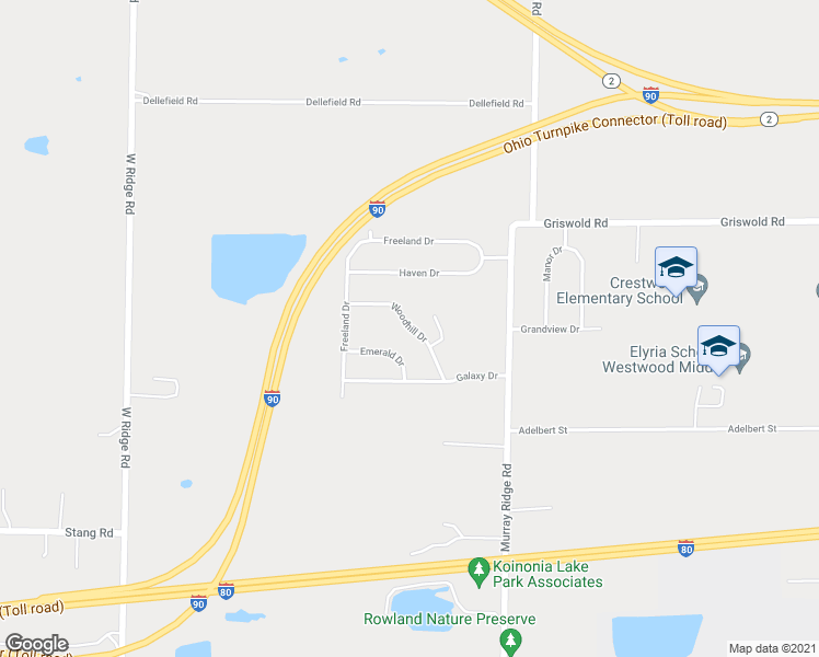 map of restaurants, bars, coffee shops, grocery stores, and more near 42925 Woodhill Drive in Elyria