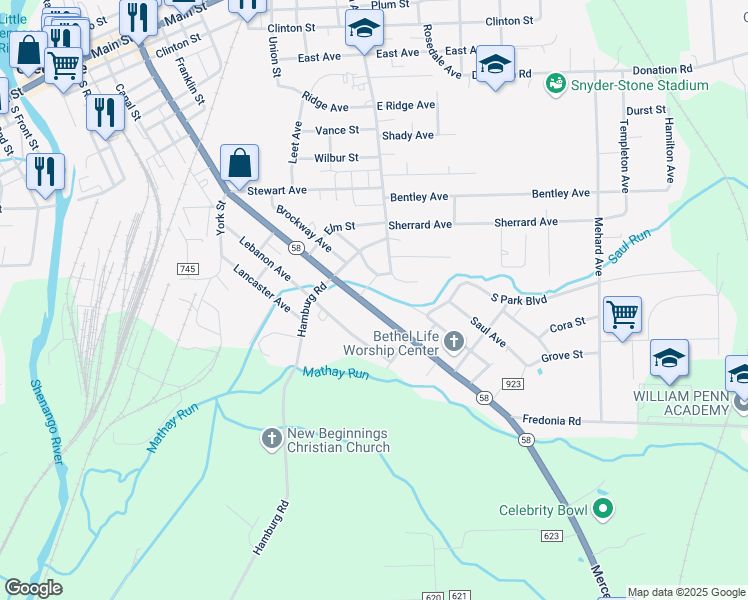 map of restaurants, bars, coffee shops, grocery stores, and more near 206 South Mercer Street in Greenville